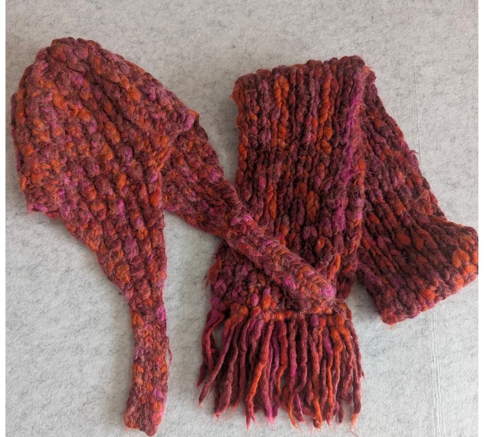 Wool Scarf & Hat Set 55% Wool, Warm and Cozy, Red Pink 62x6 in, Winter, Snow